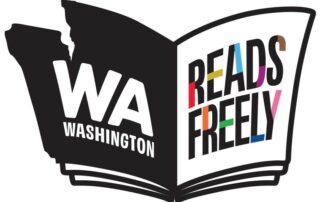 text reads: WA, Washington Reads Freely. The shape of Washington state is reflected as the shape of an open book. colors of the inclusive pride flag are incorporated into the text.