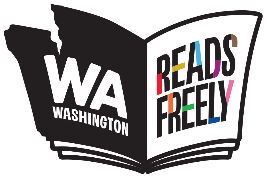 text reads: WA, Washington Reads Freely. The shape of Washington state is reflected as the shape of an open book. colors of the inclusive pride flag are incorporated into the text.