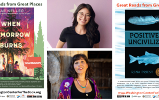 an image of two posters with headings that say "great reads from great places" and photos of the authors Tae Keller and Rena Priest. The posters feature their books "When Tomorrow Burns" and "Positively Uncivilized"